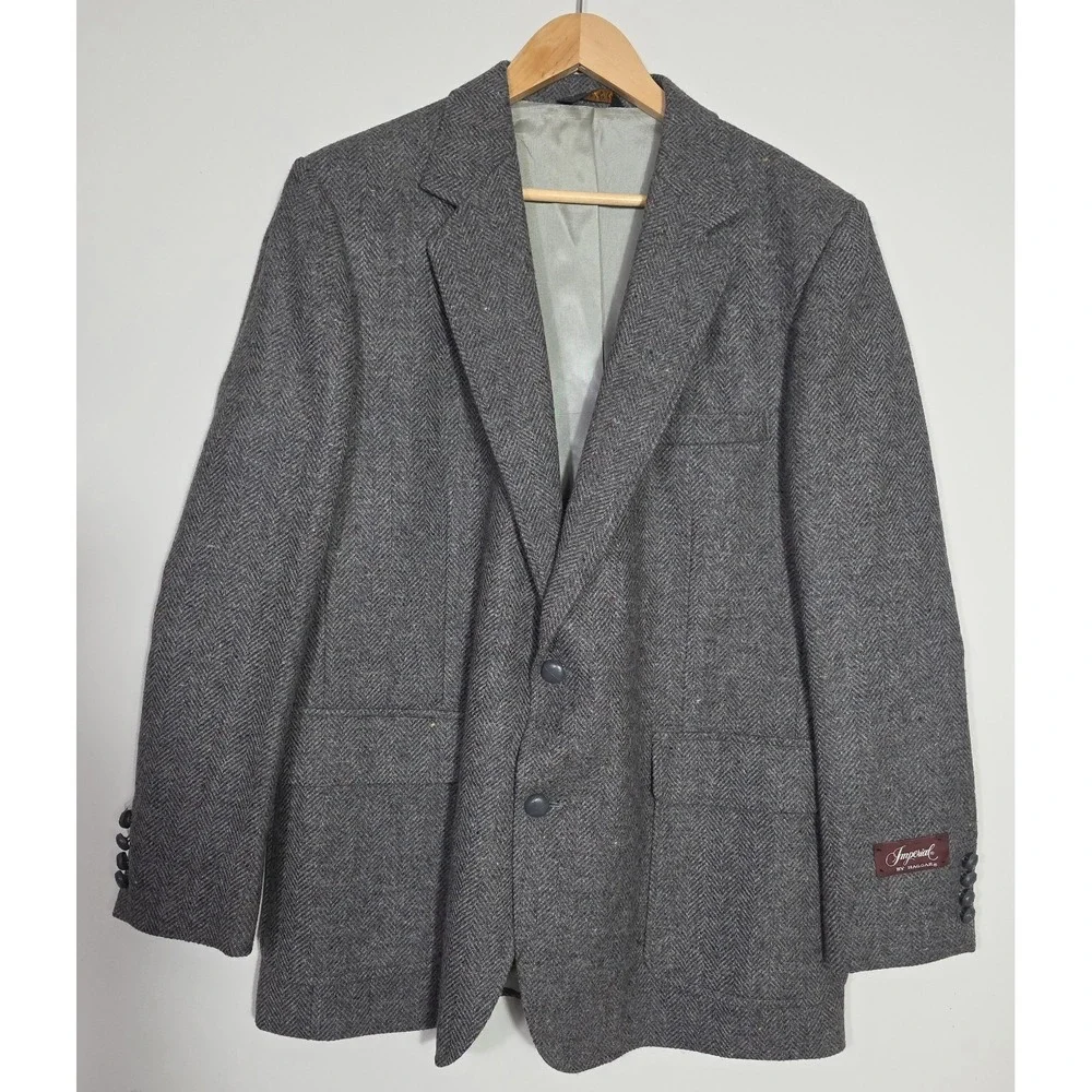 Vintage Imperial Haggar Wool Blazer 44R Gray Herringbone USA $115